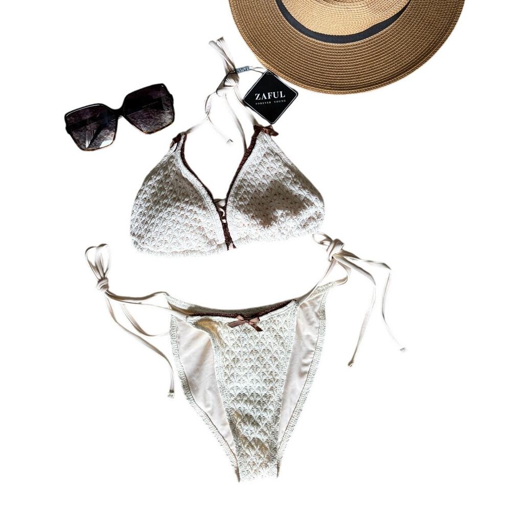 NWT ZAFUL Forever Young Bikini Size XS Cream with Brown Bows